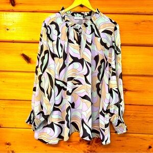 Calvin Klein Long Sleeve Plus Multicolor Abstract Women's Tie Ruffle Mock Top 2X